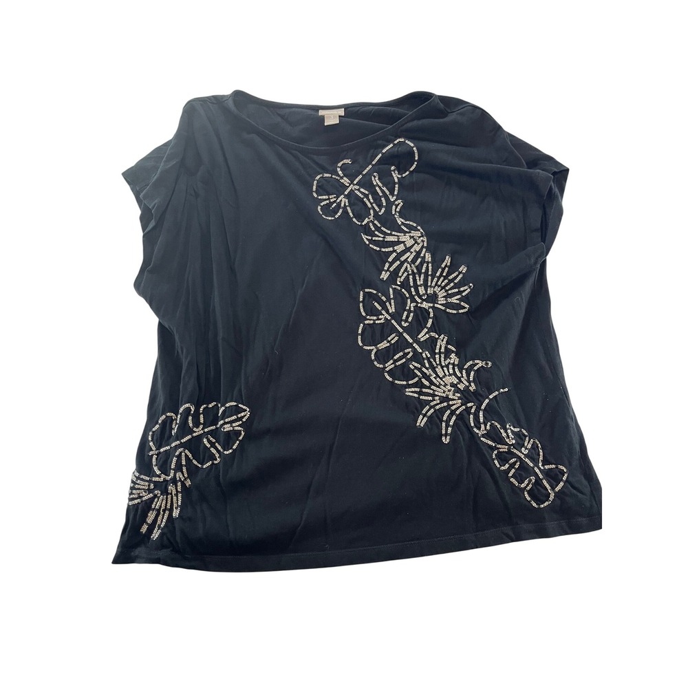 Chicos Black Beaded Leaf‎ Design Tunic Top Size 3 XL